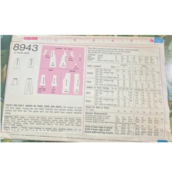 Vtg Simplicity 8943 Jumper Tunic Skirt Pant Pattern 12 Girl 1970 Child Pockets - Picture 5 of 6